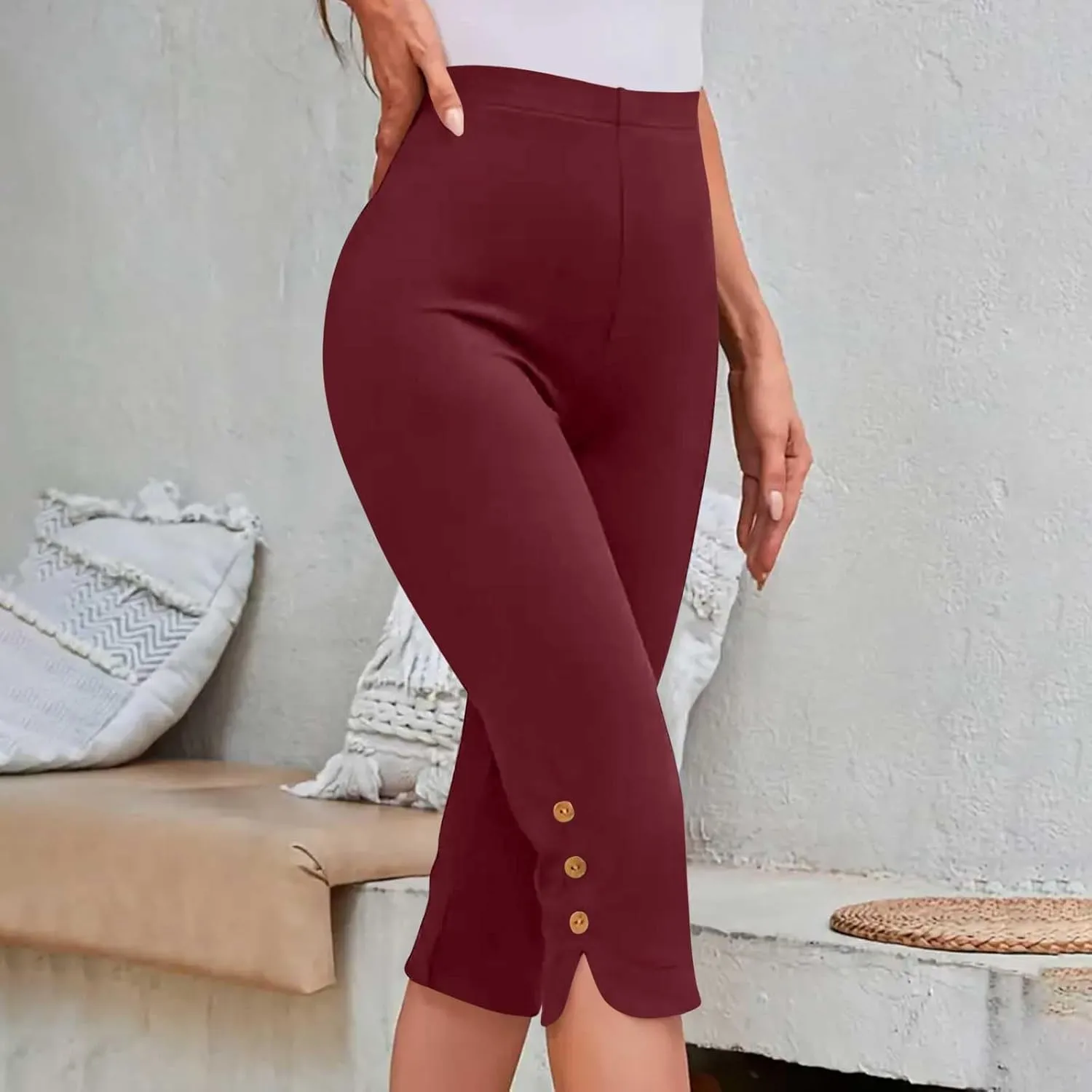 Oplxuo Capri Pants for Women Casual Summer Dressy Pull On Stretch High Waisted Buttons Slit Bottom Crop Work Leggings