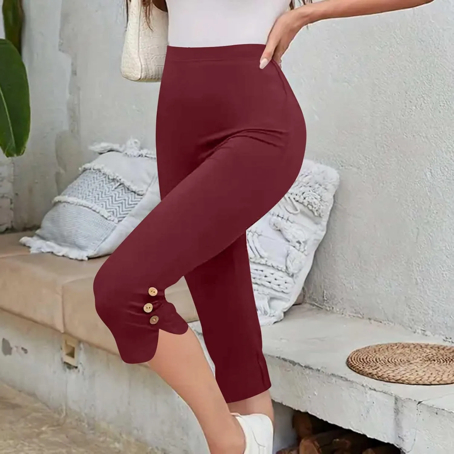 Oplxuo Capri Pants for Women Casual Summer Dressy Pull On Stretch High Waisted Buttons Slit Bottom Crop Work Leggings