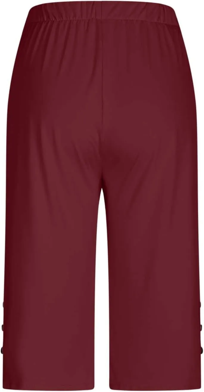Oplxuo Capri Pants for Women Casual Summer Dressy Pull On Stretch High Waisted Buttons Slit Bottom Crop Work Leggings