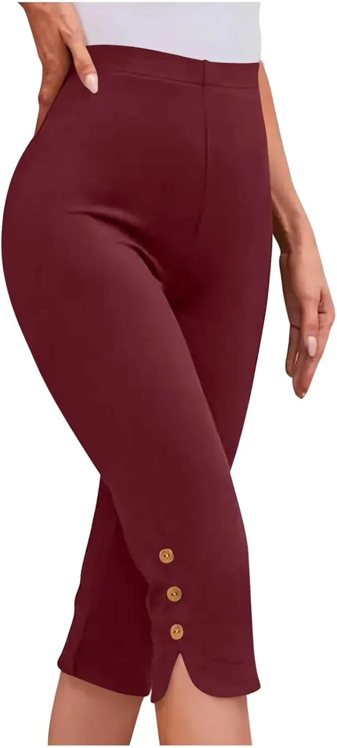 Oplxuo Capri Pants for Women Casual Summer Dressy Pull On Stretch High Waisted Buttons Slit Bottom Crop Work Leggings