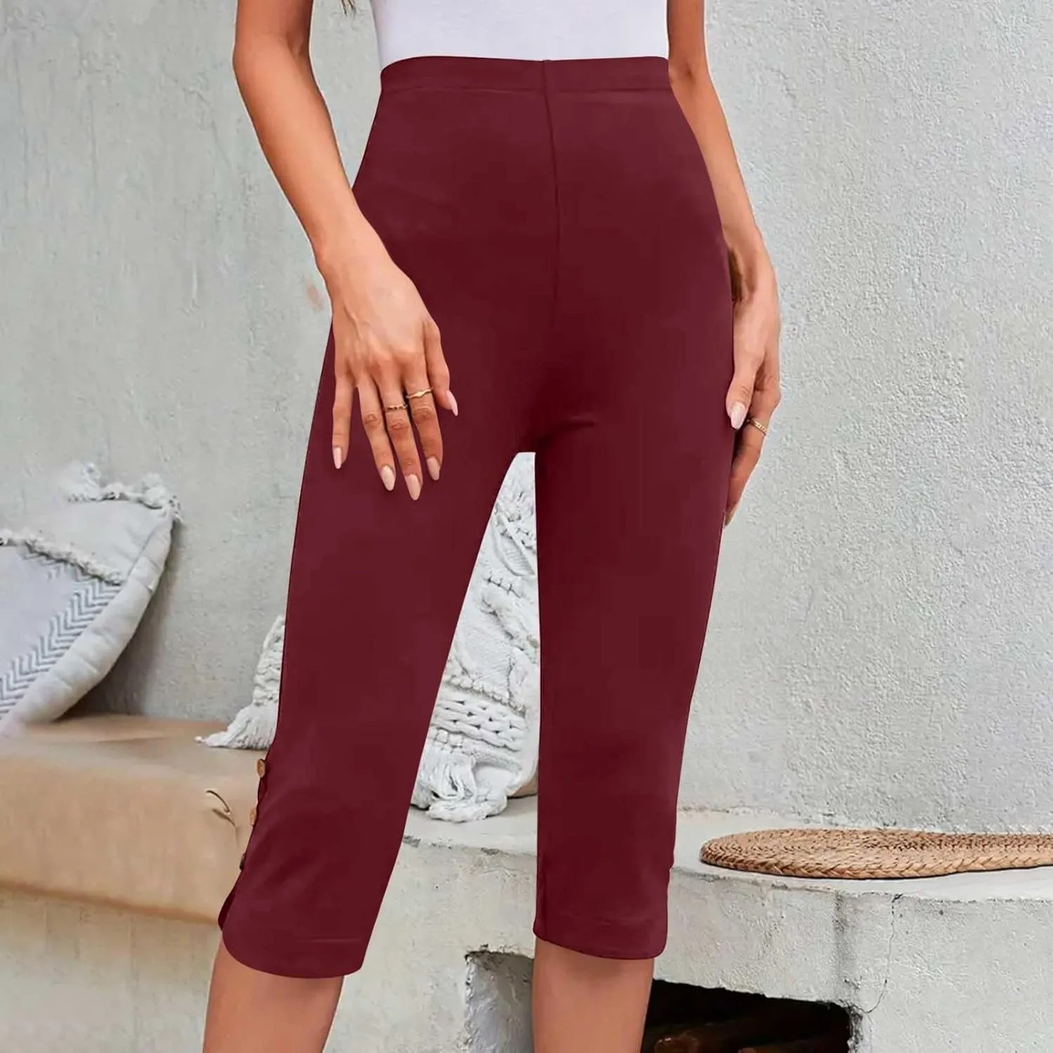 Oplxuo Capri Pants for Women Casual Summer Dressy Pull On Stretch High Waisted Buttons Slit Bottom Crop Work Leggings