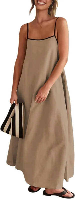 OWNGIGI Women's 2025 Summer Linen Maxi Dress Contrast Spaghetti Strap Beach Dress Backless Sleeveless Party Casual Dresses