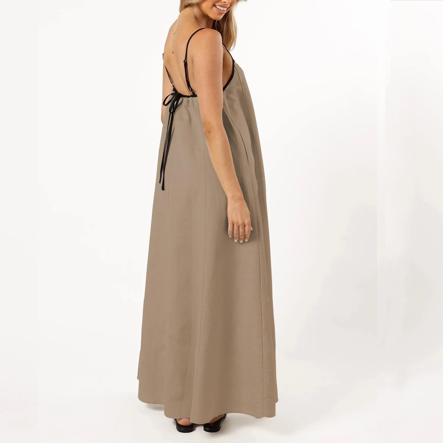 OWNGIGI Women's 2025 Summer Linen Maxi Dress Contrast Spaghetti Strap Beach Dress Backless Sleeveless Party Casual Dresses