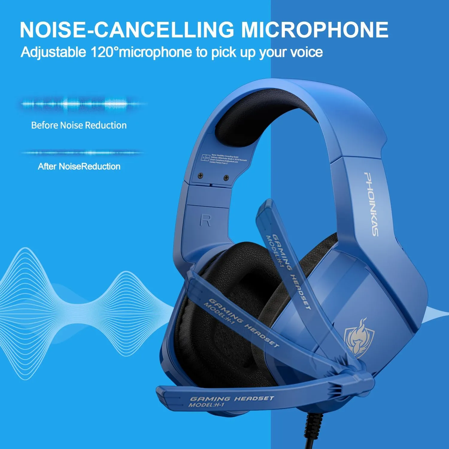 PHOINIKAS Gaming Headset for PS4, PS5, PC, Laptop, Stereo Over Ear Gaming Headphones with Noise-Canceling Mic, Gaming Headsets for XboxOne, Switch, Laptop, Mac, Phone (Navy Blue)
