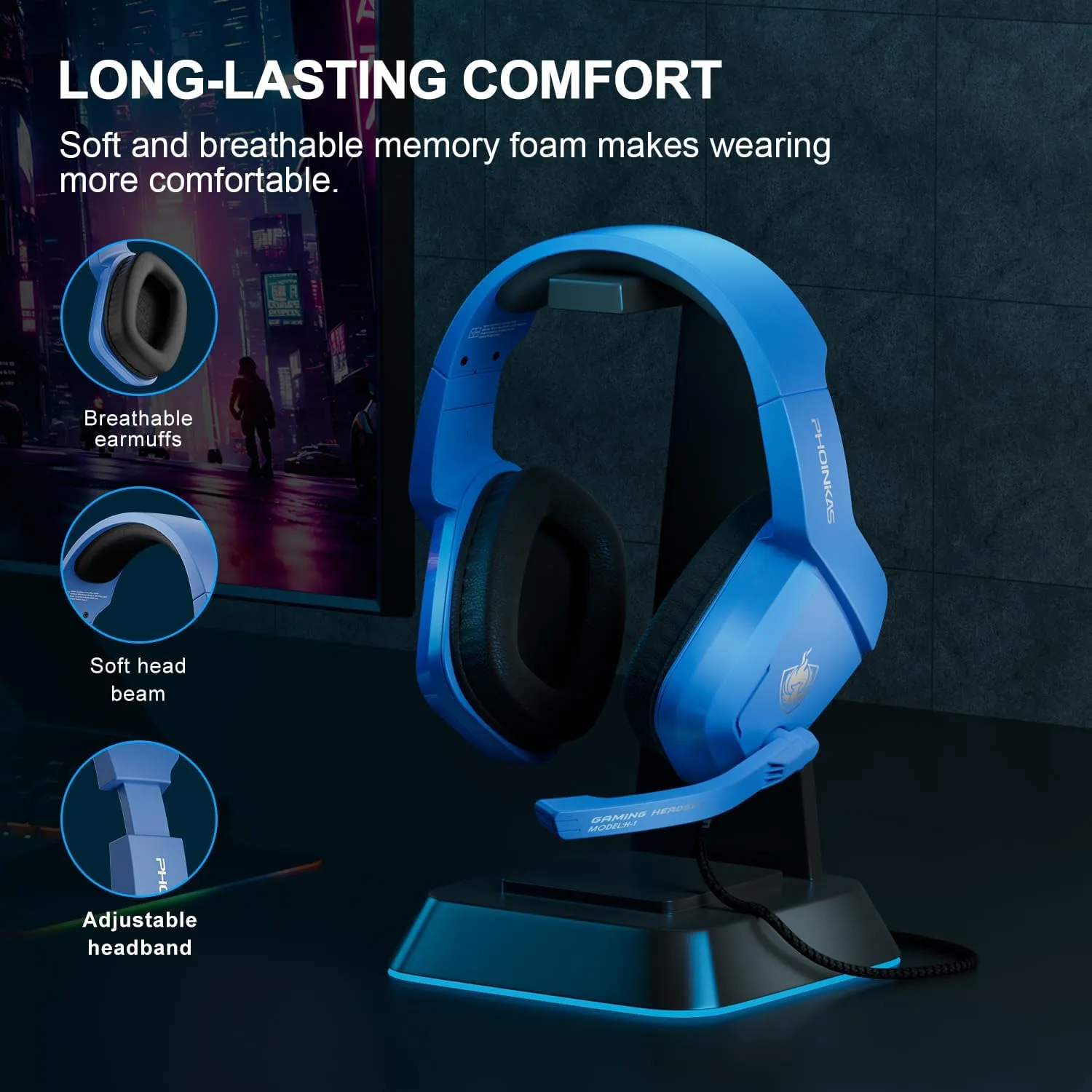 PHOINIKAS Gaming Headset for PS4, PS5, PC, Laptop, Stereo Over Ear Gaming Headphones with Noise-Canceling Mic, Gaming Headsets for XboxOne, Switch, Laptop, Mac, Phone (Navy Blue)