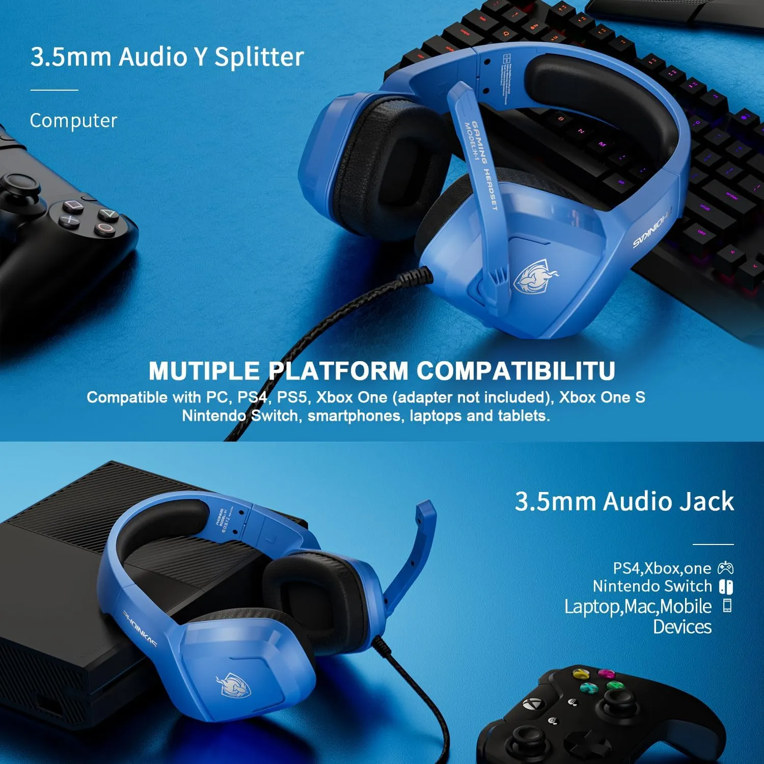 PHOINIKAS Gaming Headset for PS4, PS5, PC, Laptop, Stereo Over Ear Gaming Headphones with Noise-Canceling Mic, Gaming Headsets for XboxOne, Switch, Laptop, Mac, Phone (Navy Blue)