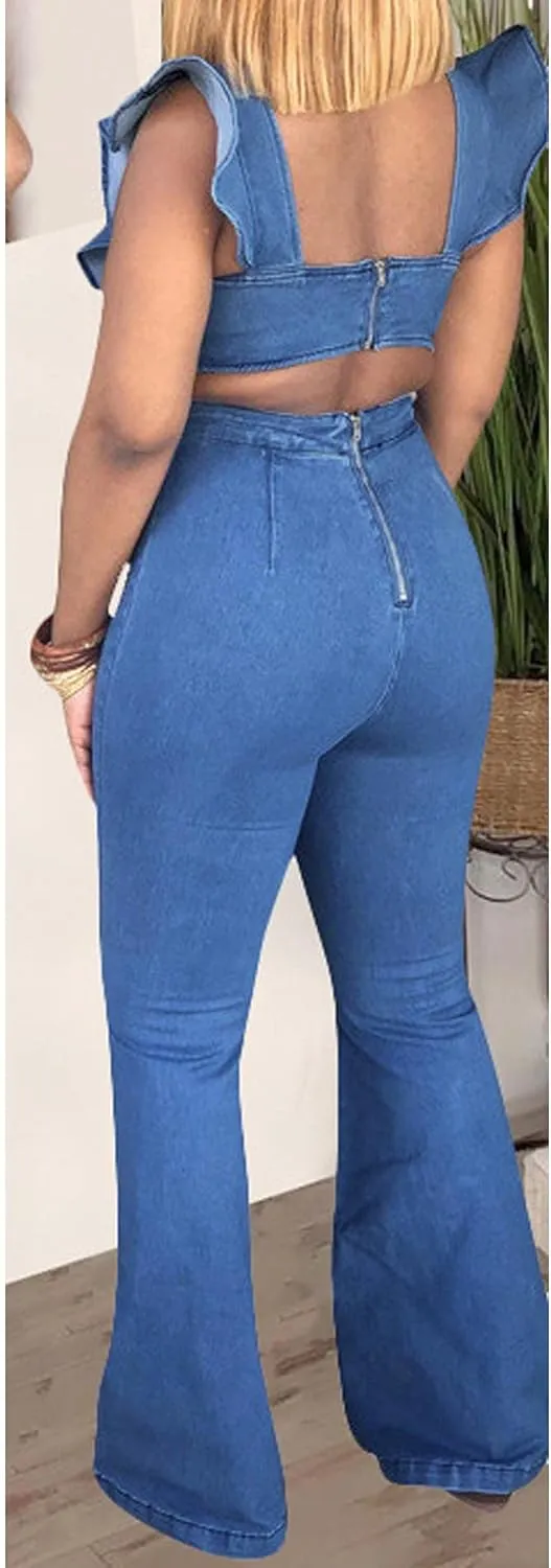 Sexyshine Women's Halter Lace Up Backless Casual Wide Leg Blue Denim Long Jumpsuit Playsuit Rompers With Belt
