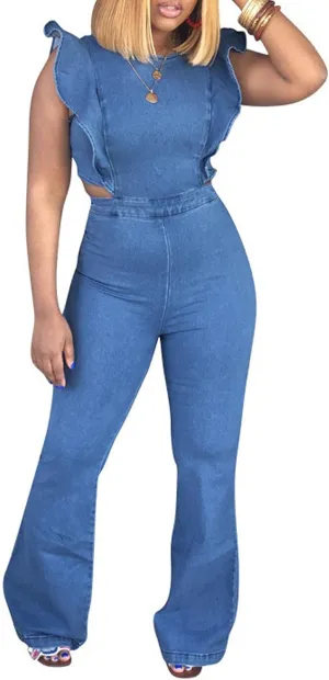 Sexyshine Women's Halter Lace Up Backless Casual Wide Leg Blue Denim Long Jumpsuit Playsuit Rompers With Belt