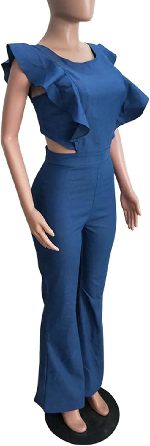 Sexyshine Women's Halter Lace Up Backless Casual Wide Leg Blue Denim Long Jumpsuit Playsuit Rompers With Belt