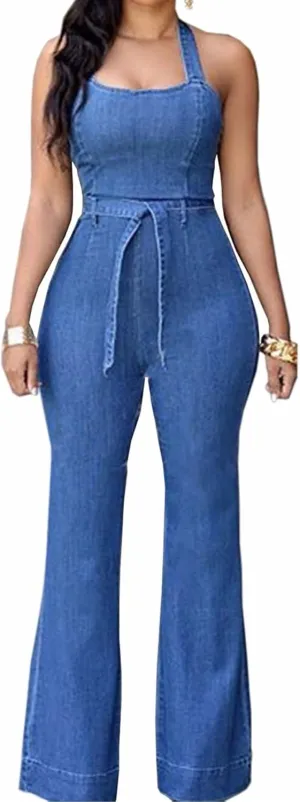 Sexyshine Women's Halter Lace Up Backless Casual Wide Leg Blue Denim Long Jumpsuit Playsuit Rompers With Belt