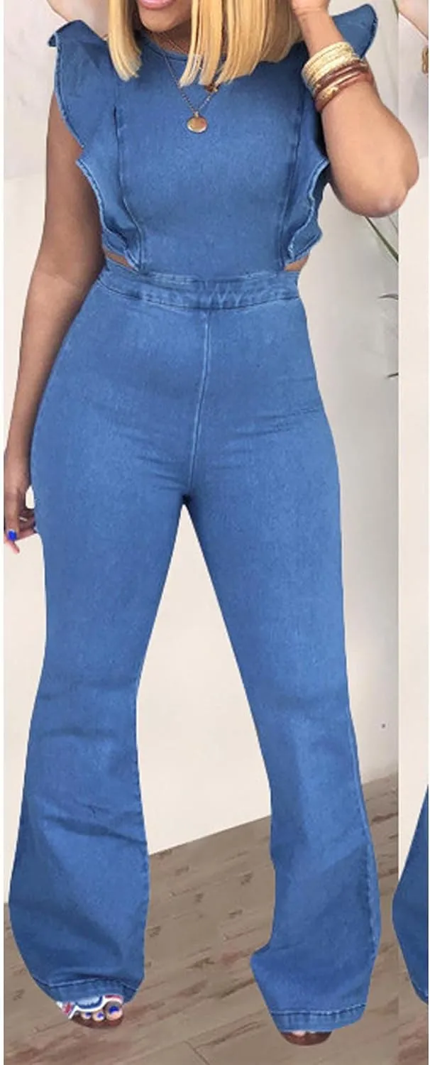 Sexyshine Women's Halter Lace Up Backless Casual Wide Leg Blue Denim Long Jumpsuit Playsuit Rompers With Belt