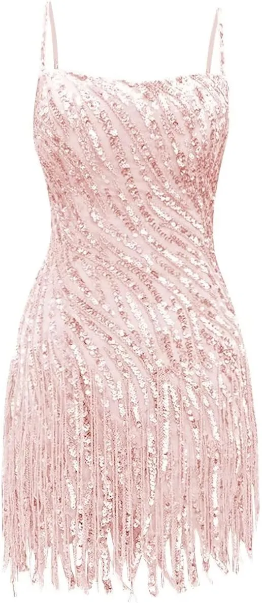 Sparkly Sequin Homecoming Dresses Spaghetti Straps Tight Short Cocktail Party Dress with Tassels for Teens