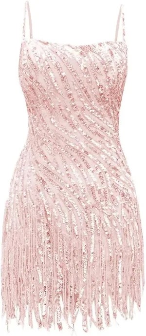 Sparkly Sequin Homecoming Dresses Spaghetti Straps Tight Short Cocktail Party Dress with Tassels for Teens