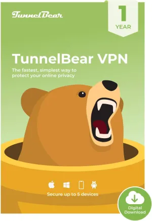 TunnelBear VPN | Wifi & Internet Privacy, Unlimited Data, 5 Devices | 1 Year | PC Code
