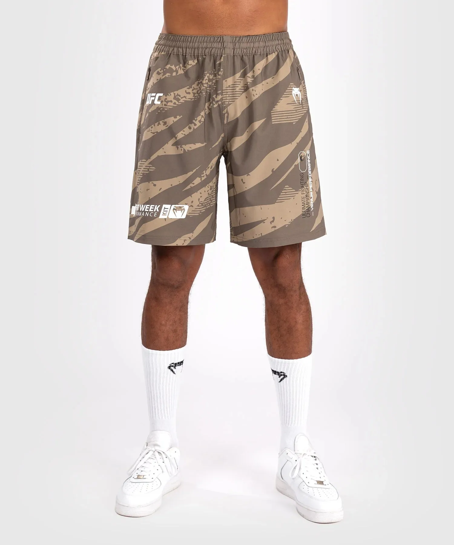 VNMUFC-00260-650 UFC Adrenaline by Venum Fight Week Performance Men’s Shorts M/L Desert Camo