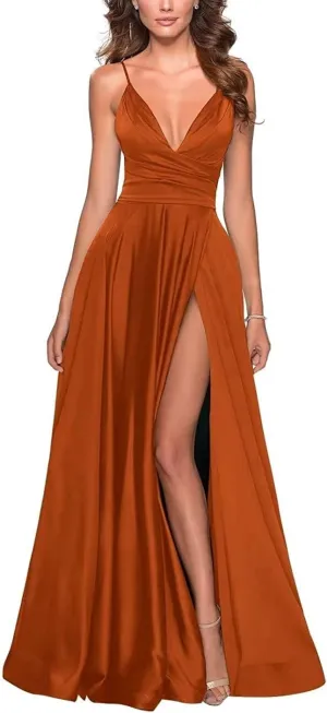 Women's Deep V Neck Slit Dress Spaghetti Strap Ruched Cocktail Long Dress