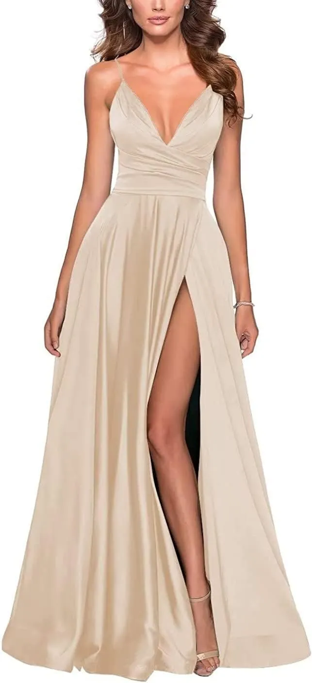 Women's Deep V Neck Slit Dress Spaghetti Strap Ruched Cocktail Long Dress
