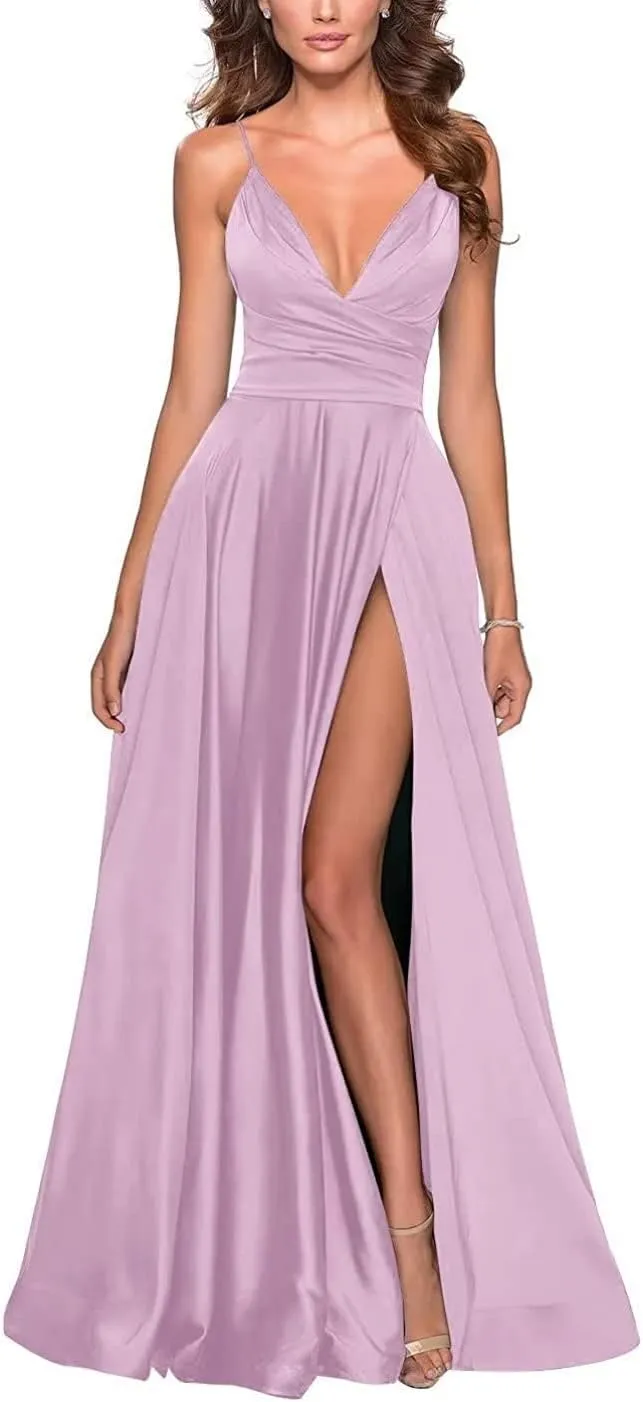 Women's Deep V Neck Slit Dress Spaghetti Strap Ruched Cocktail Long Dress