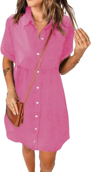 Women's Denim Dress for Women Blue Jean Dress 2025 Trendy Summer Short Sleeve Denim Dresses with Pockets