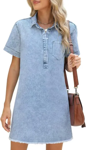 Women's Denim Dress for Women Blue Jean Dress 2025 Trendy Summer Short Sleeve Denim Dresses with Pockets