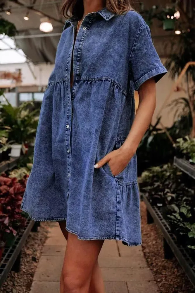 Women's Denim Dress for Women Blue Jean Dress 2025 Trendy Summer Short Sleeve Denim Dresses with Pockets