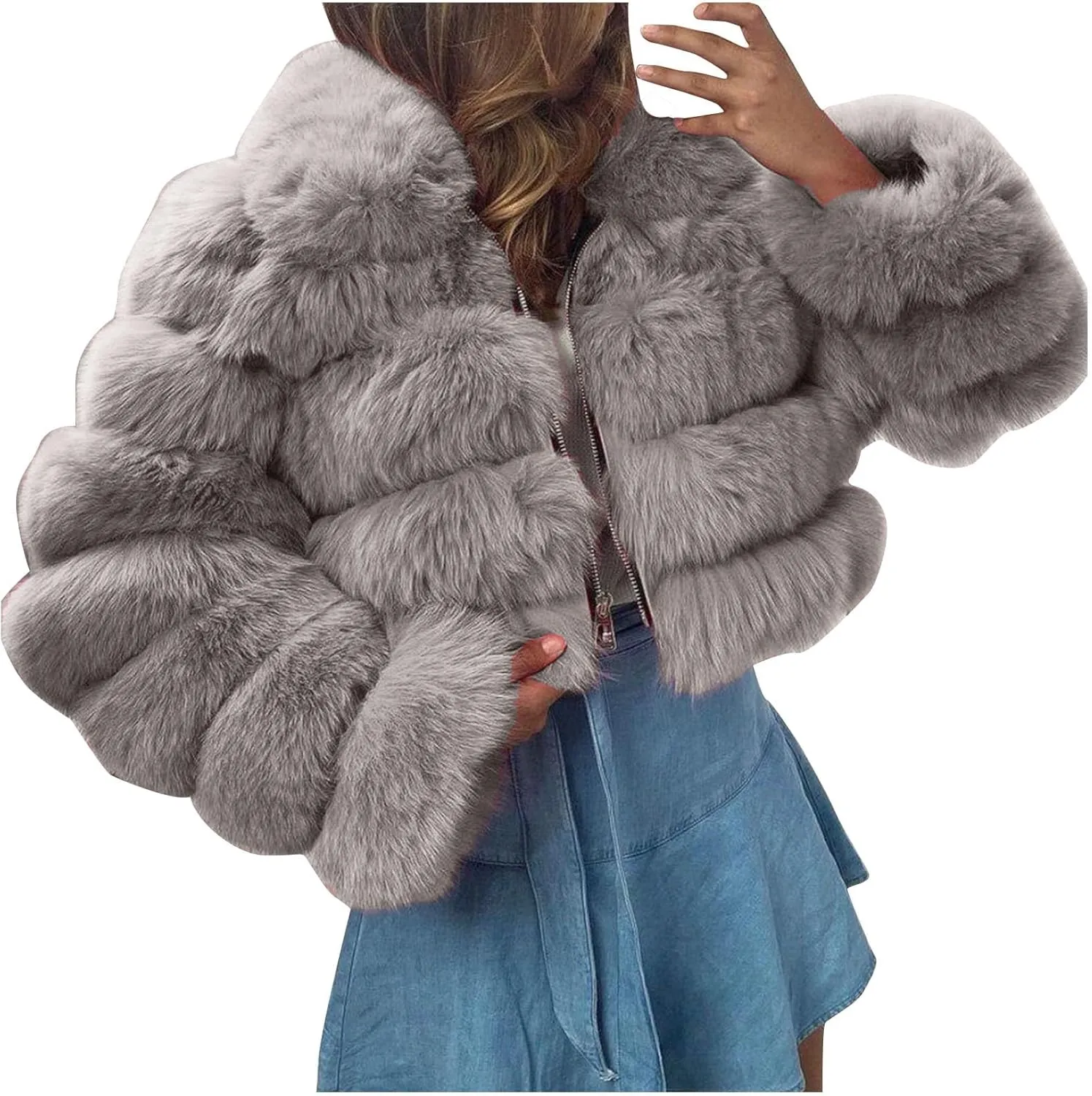 Women's Faux Fur Jacket Casual Fashion Cropped Coat Fluffy Shaggy Solid Outerwear Winter Warm Hooded Cardigan