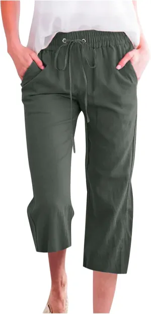 Women's Linen Pants Casual Summer Capris Loose Fit Lightweight Drawstring Waisted Cropped Pants with Pockets