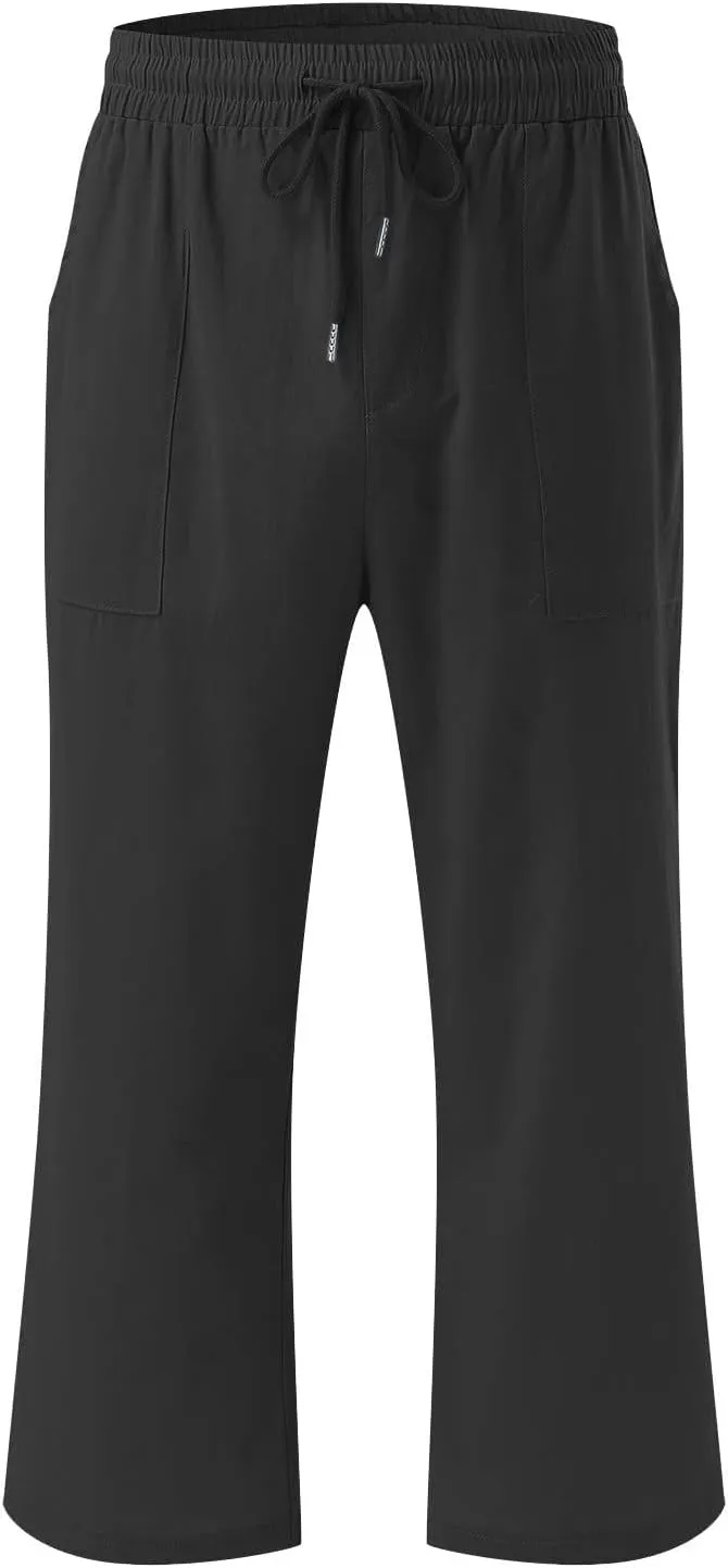 Women's Linen Pants Casual Summer Capris Loose Fit Lightweight Drawstring Waisted Cropped Pants with Pockets