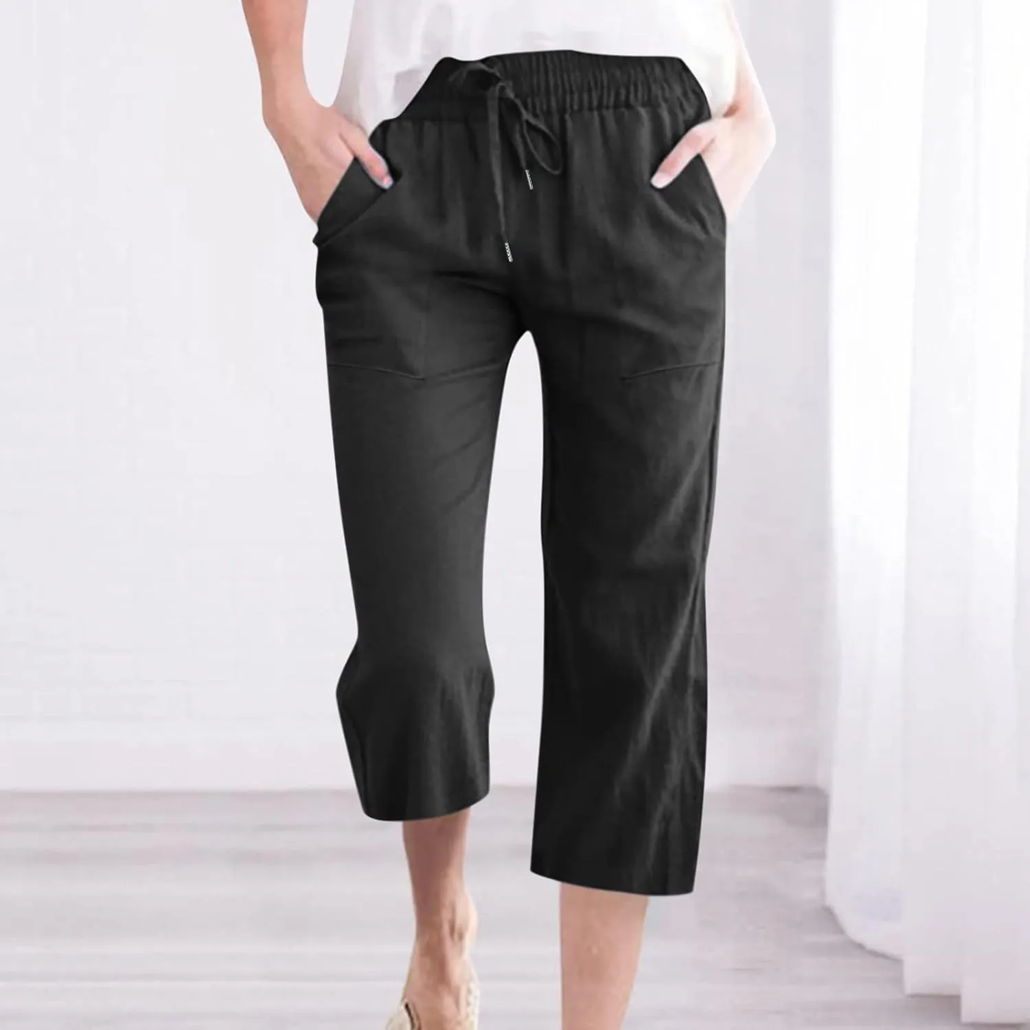 Women's Linen Pants Casual Summer Capris Loose Fit Lightweight Drawstring Waisted Cropped Pants with Pockets