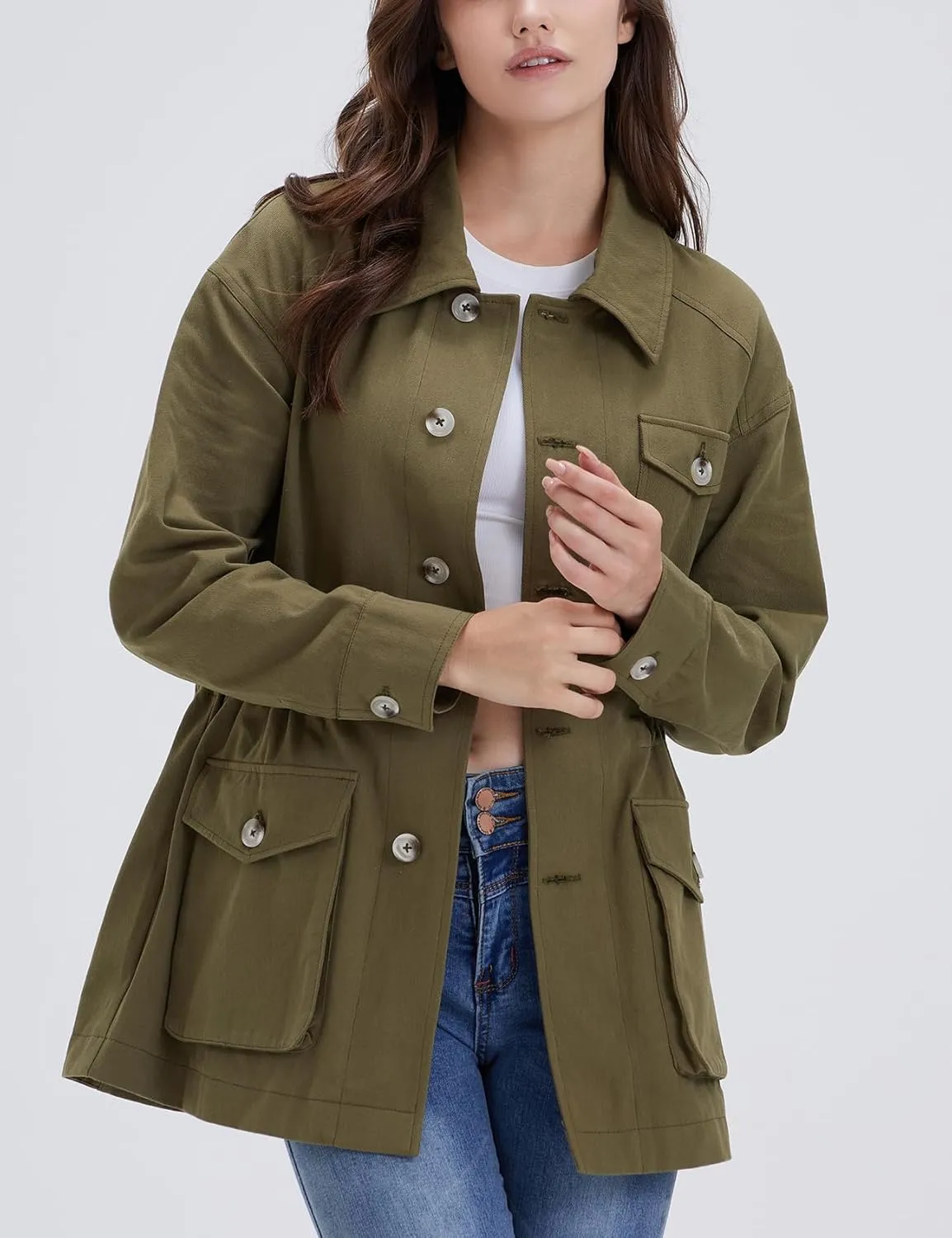 Women's Military Jacket Lightweight Button Up Utility Drawstring Waist Anorak Coat with Pockets