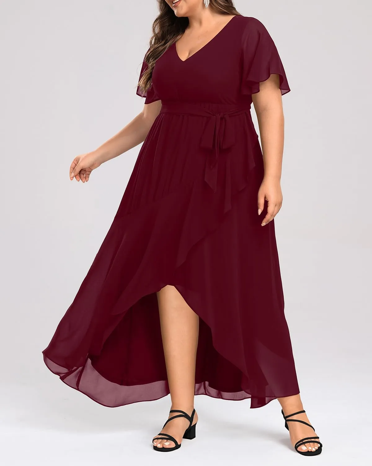 Womens Plus Size Long Dress Chiffon High Low Split Ruffle Evening Bridesmaid Wedding Guest Formal Maxi Dresses