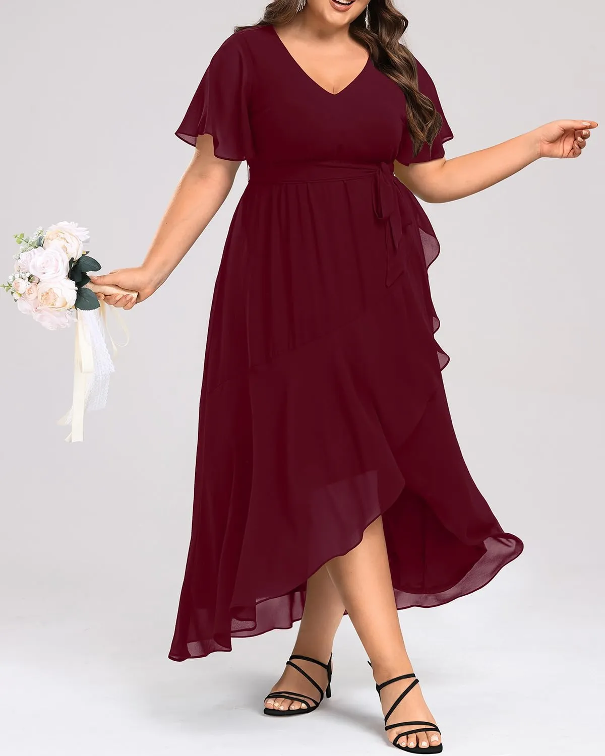 Womens Plus Size Long Dress Chiffon High Low Split Ruffle Evening Bridesmaid Wedding Guest Formal Maxi Dresses