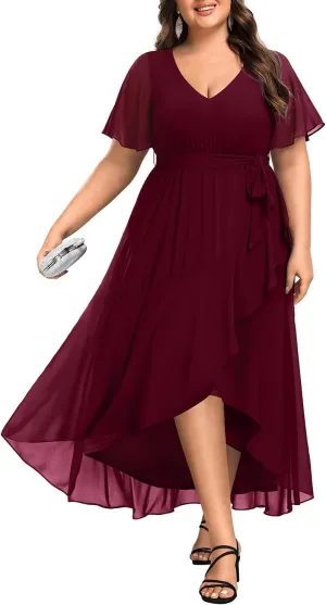 Womens Plus Size Long Dress Chiffon High Low Split Ruffle Evening Bridesmaid Wedding Guest Formal Maxi Dresses