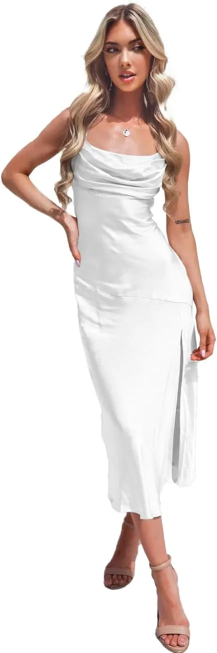 Women's Spaghetti Strap Midi Satin Silk Bridesmaid Dresses Slip Cowl Neck Party Cocktail Evening Dress 2024 NO54