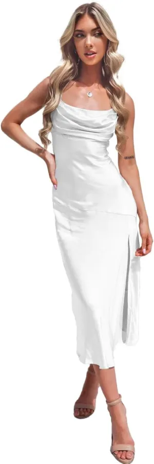 Women's Spaghetti Strap Midi Satin Silk Bridesmaid Dresses Slip Cowl Neck Party Cocktail Evening Dress 2024 NO54