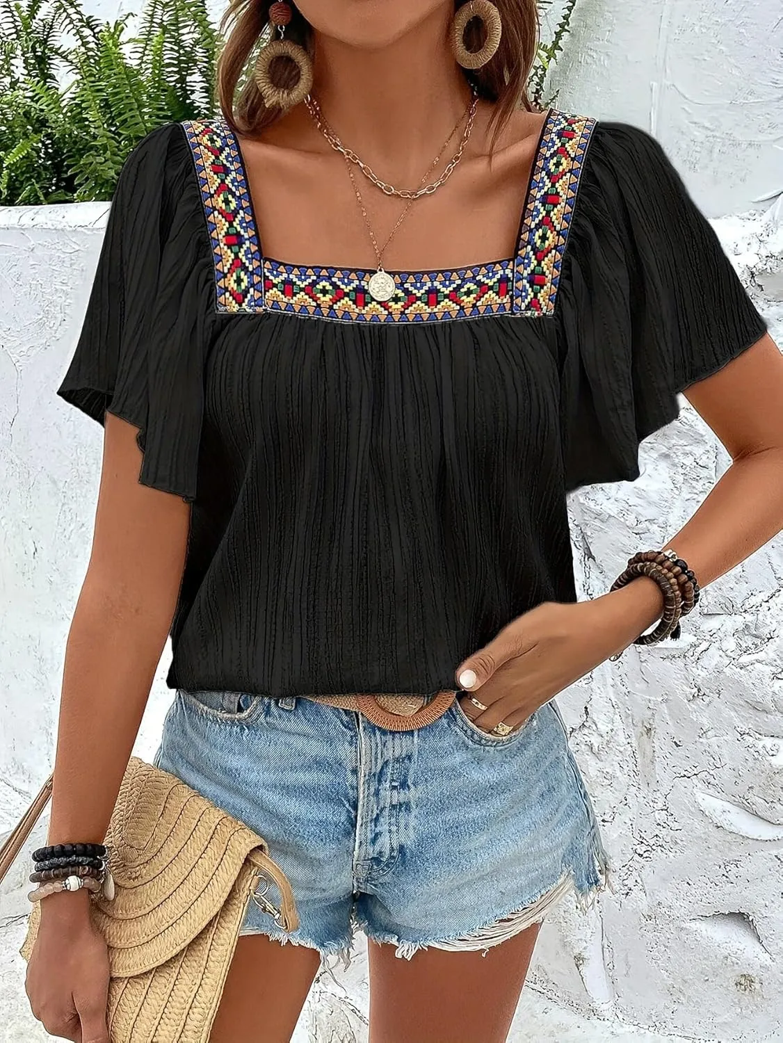 Women's Square Neck Boho Print T Shirt Short Sleeve Pleated Solid Blouse Tee