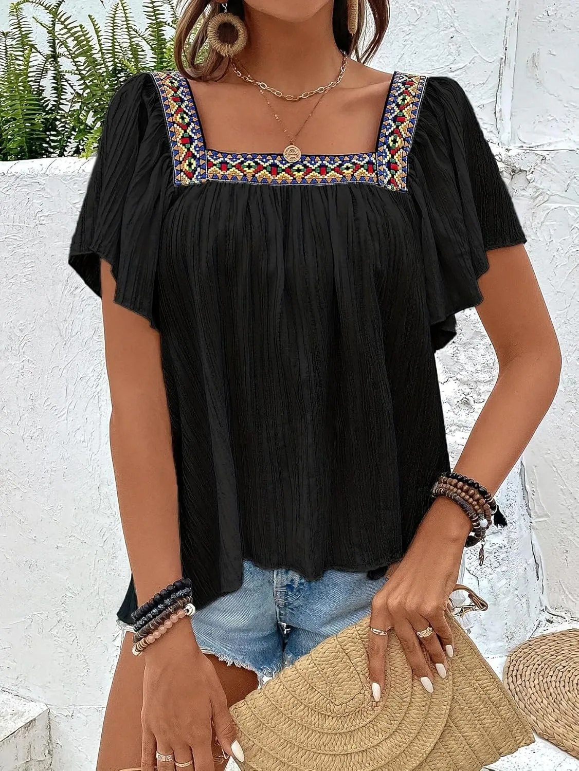 Women's Square Neck Boho Print T Shirt Short Sleeve Pleated Solid Blouse Tee