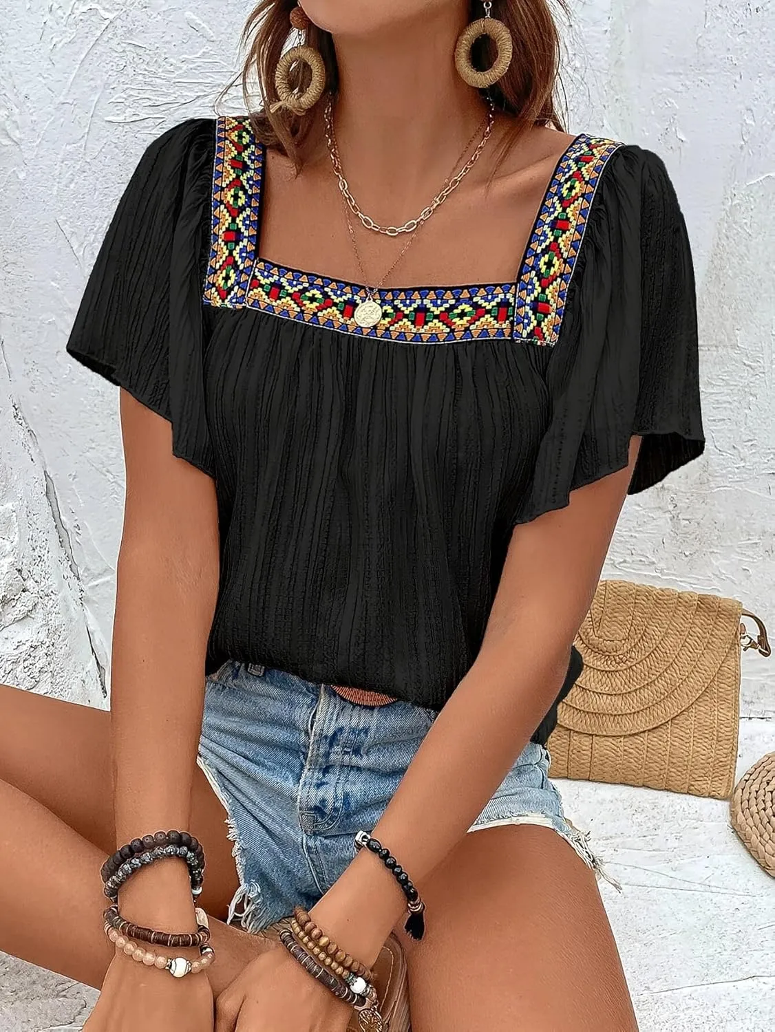 Women's Square Neck Boho Print T Shirt Short Sleeve Pleated Solid Blouse Tee