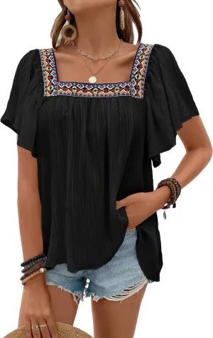 Women's Square Neck Boho Print T Shirt Short Sleeve Pleated Solid Blouse Tee