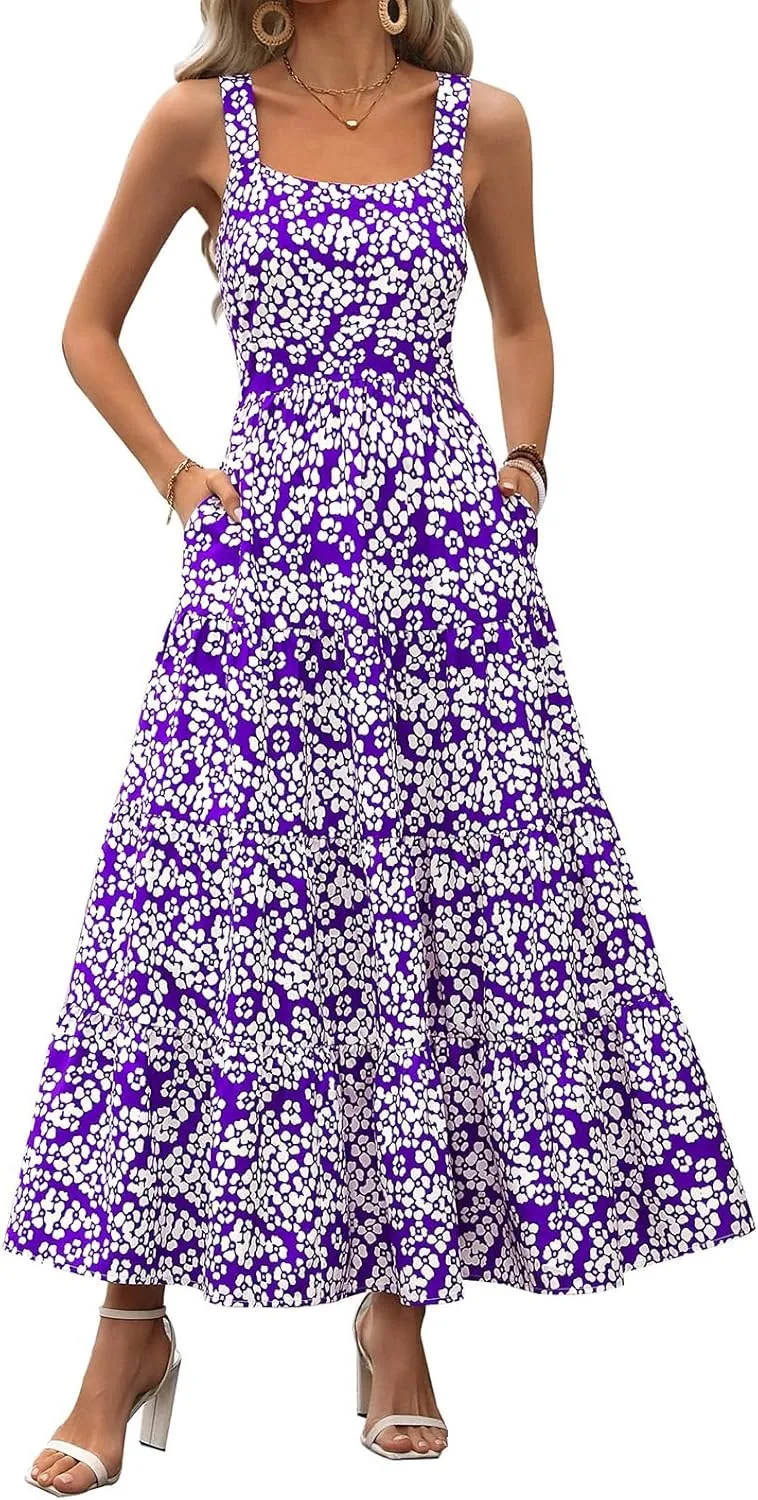 Women's Summer Boho Dress Sleeveless Square Neck Floral Print Maxi Dresses Casual High Waist Sexy Beach Dress 2025