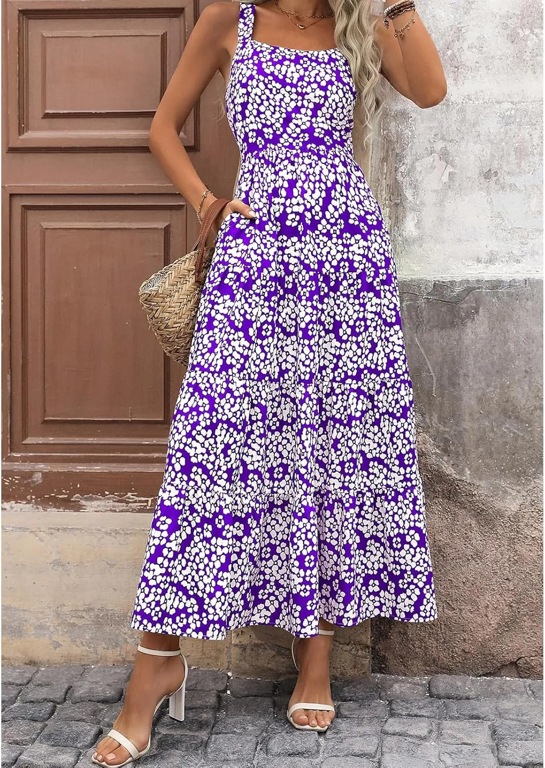 Women's Summer Boho Dress Sleeveless Square Neck Floral Print Maxi Dresses Casual High Waist Sexy Beach Dress 2025