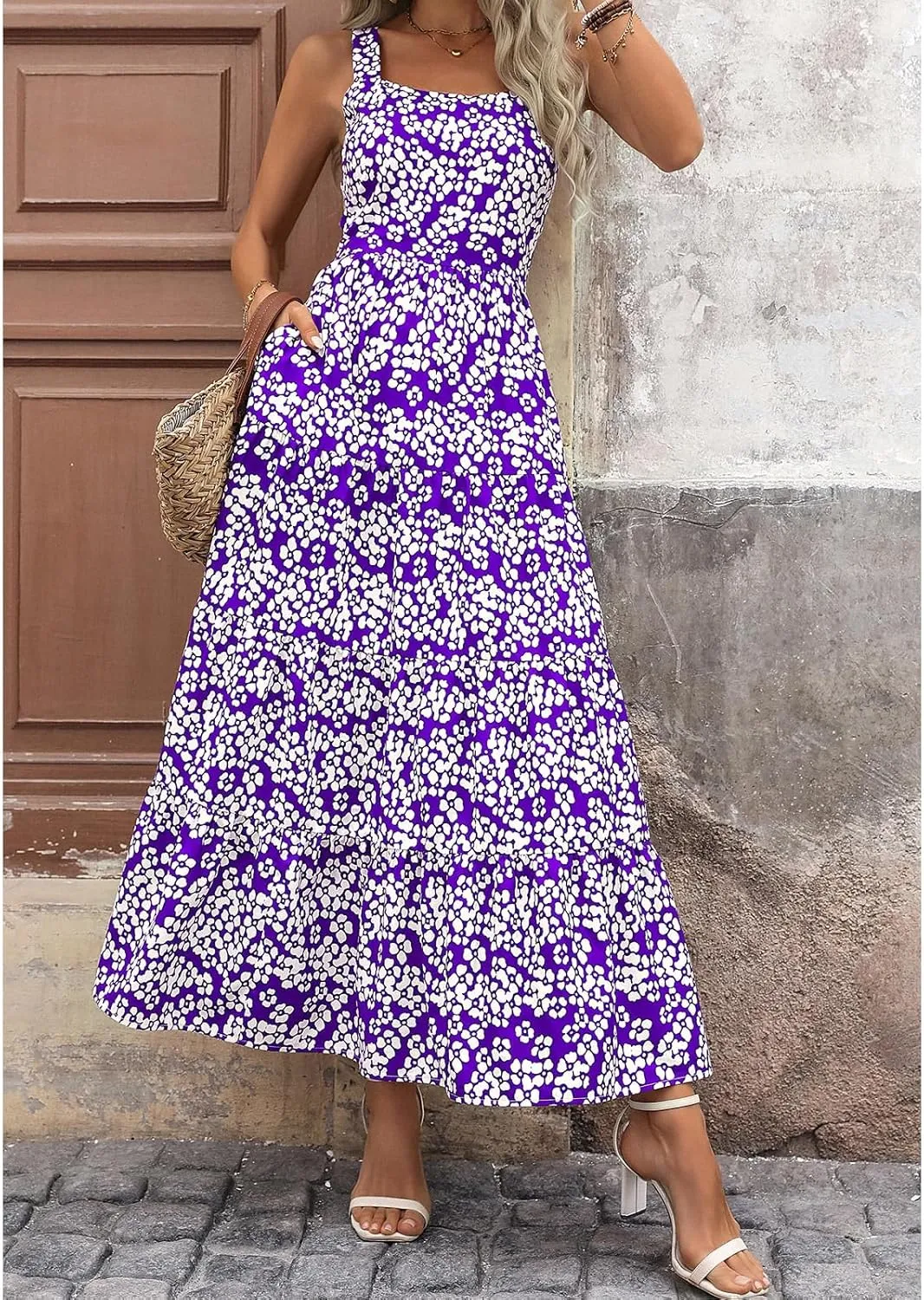 Women's Summer Boho Dress Sleeveless Square Neck Floral Print Maxi Dresses Casual High Waist Sexy Beach Dress 2025