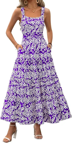 Women's Summer Boho Dress Sleeveless Square Neck Floral Print Maxi Dresses Casual High Waist Sexy Beach Dress 2025