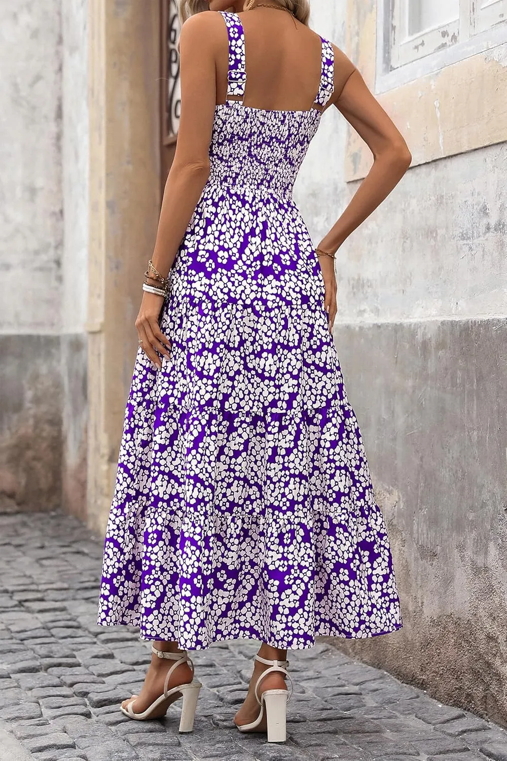 Women's Summer Boho Dress Sleeveless Square Neck Floral Print Maxi Dresses Casual High Waist Sexy Beach Dress 2025