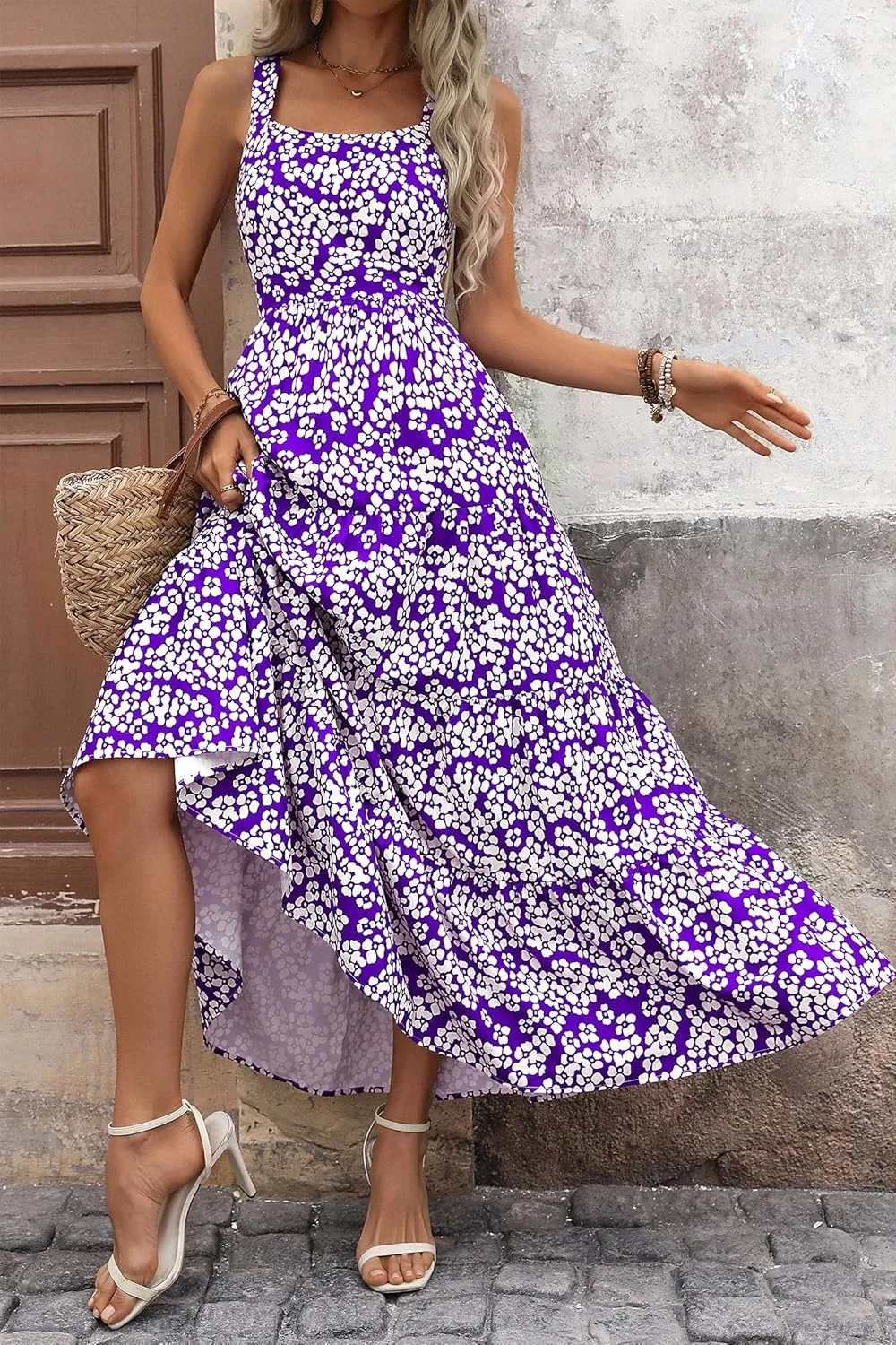Women's Summer Boho Dress Sleeveless Square Neck Floral Print Maxi Dresses Casual High Waist Sexy Beach Dress 2025