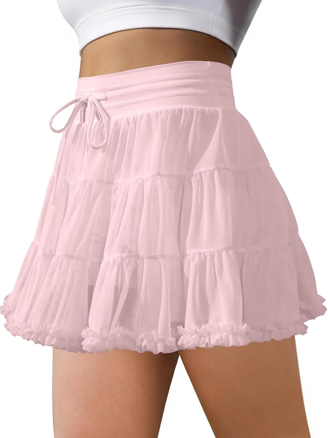 Women's Tennis Skirt with Shorts High Waisted Golf Athletic Skirts with 2 Pockets Pleated Tulle Skort Ruffle