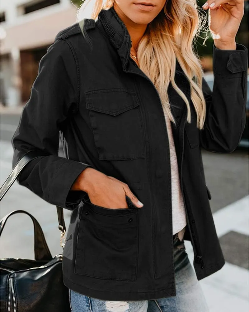 Womens Zip Up Military Anorak Jackets Casual Long Sleeve Snap Buttons Safari Utility Drawstring Coats with Pockets