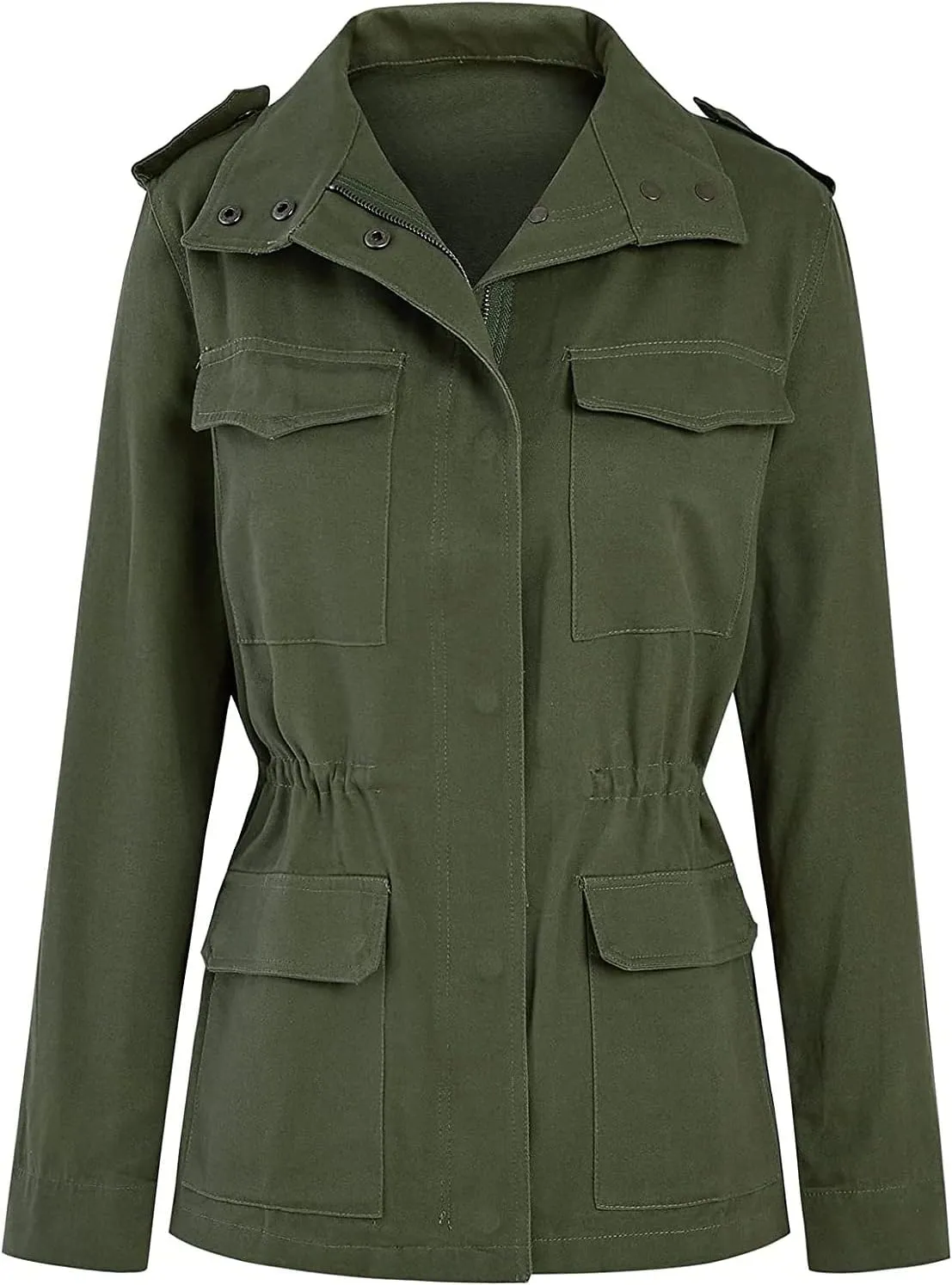 Womens Zip Up Military Anorak Jackets Casual Long Sleeve Snap Buttons Safari Utility Drawstring Coats with Pockets