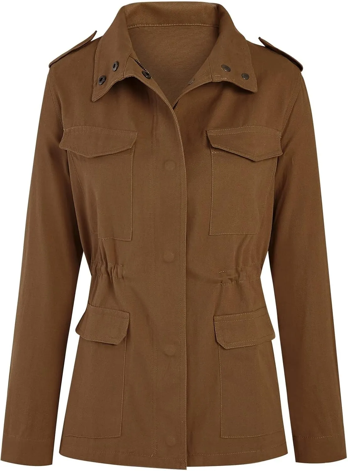 Womens Zip Up Military Anorak Jackets Casual Long Sleeve Snap Buttons Safari Utility Drawstring Coats with Pockets