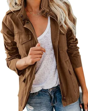 Womens Zip Up Military Anorak Jackets Casual Long Sleeve Snap Buttons Safari Utility Drawstring Coats with Pockets